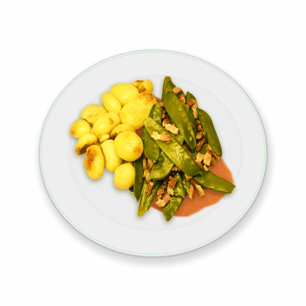 Gebakken kriel, peultjes met spek en jus