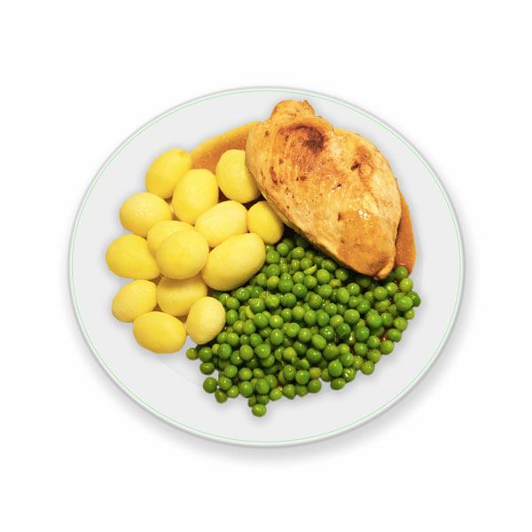 Krieltjes, erwtjes met kipfilet en jus